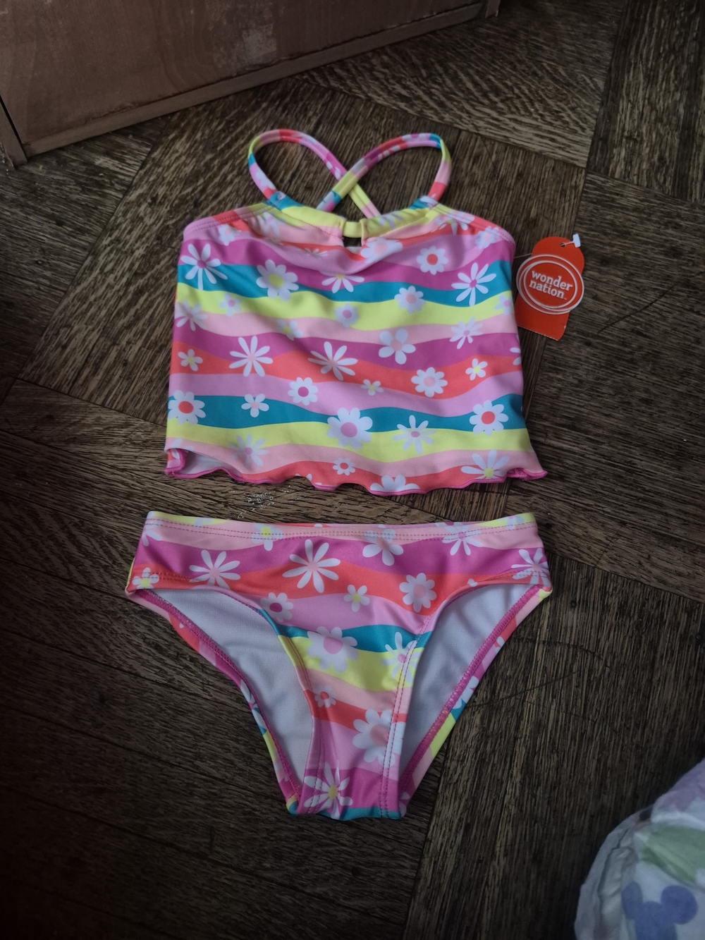 wonder nation Pink Multi Floral Stripe Girls Tankini Set